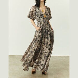 Christy Lynn Julie Dress Maxi Long Feather Jacquard Brown White Print Sleeve S 4